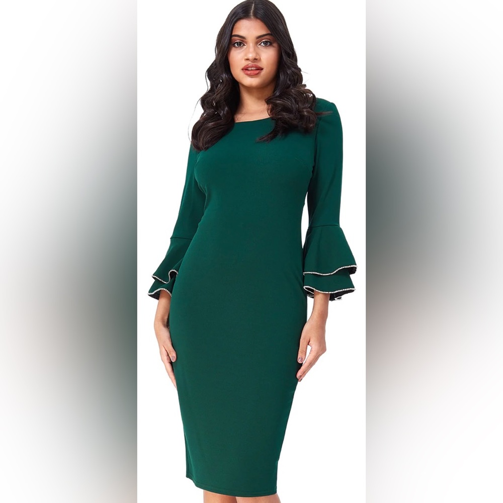 DOUBLE FRILL SLEEVE MIDI DRESS WITH DIAMANTE TRIM